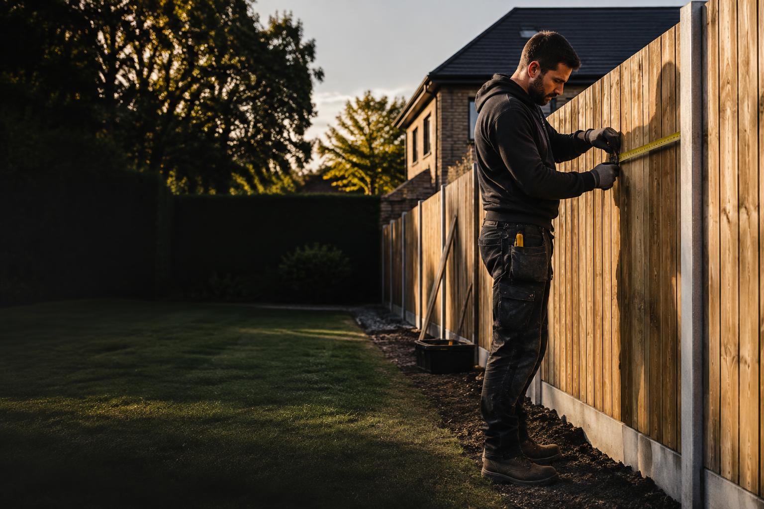 Fencing contractor measuring a new timber fence